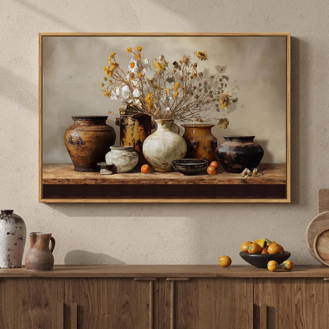 Framed Vintage Floral Pottery Kitchen Wall Art, Farmhouse Rustic Still Life Neutral Canvas Artwork for Walls, Retro Vase Flower Painting Print for Dining Room Bedroom Living Room Wall Decor, 36x24 In