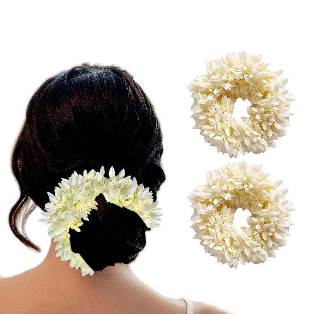 White Mogra Gajra Jasmine Flower Indian Hair Ties Pack of 2 Pcs Hair Bun Accessories Small Rubber Bands Scrunchies For Women's hair
