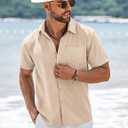 COOFANDY Men's Short Sleeve Button Down Shirts Summer Casual Textured Shirt Vacation Beach Wedding Shirts with Pocket (Beige, M)