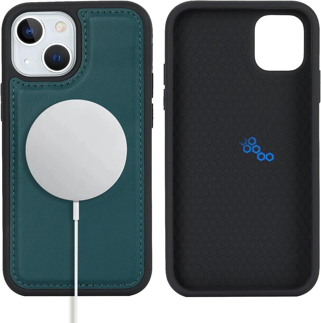 for Magsafe Magnetic case for iPhone 14 Plus Leather case magsafe Compatible Wireless Charging-Green