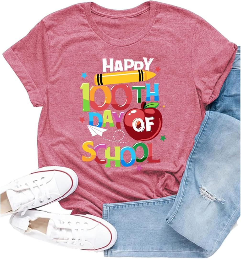 100 Days of School Shirts for Women Happy 100th Days Teacher T-Shirt Funny Pencil Apple Tee Tops (XL)