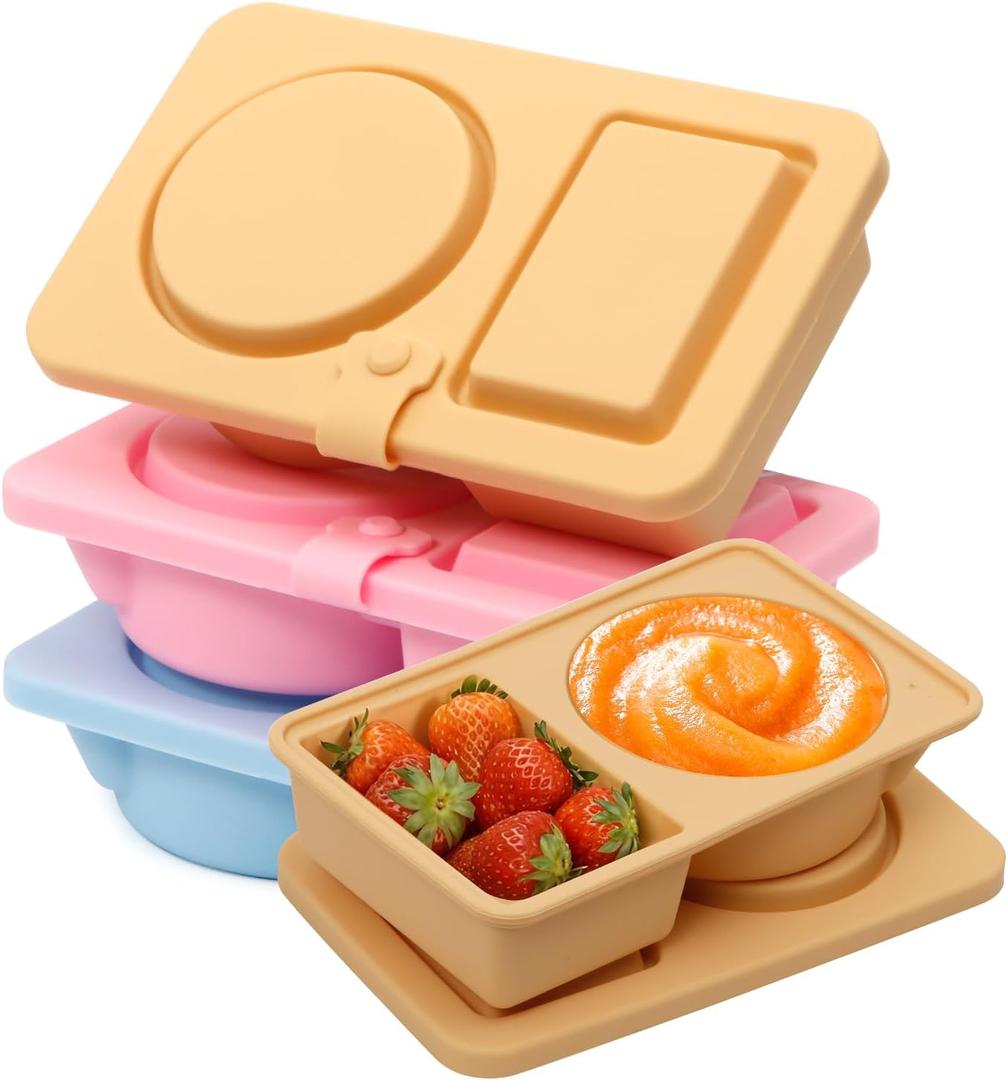 3 Pack Silicone Reusable Snack Containers with Lids, Double Compartment Snackle Box Containers, Salad Dressing Sauce Seasoning Container, Small Mini Food Snack Boxs for Travel, Office, Picnic,School