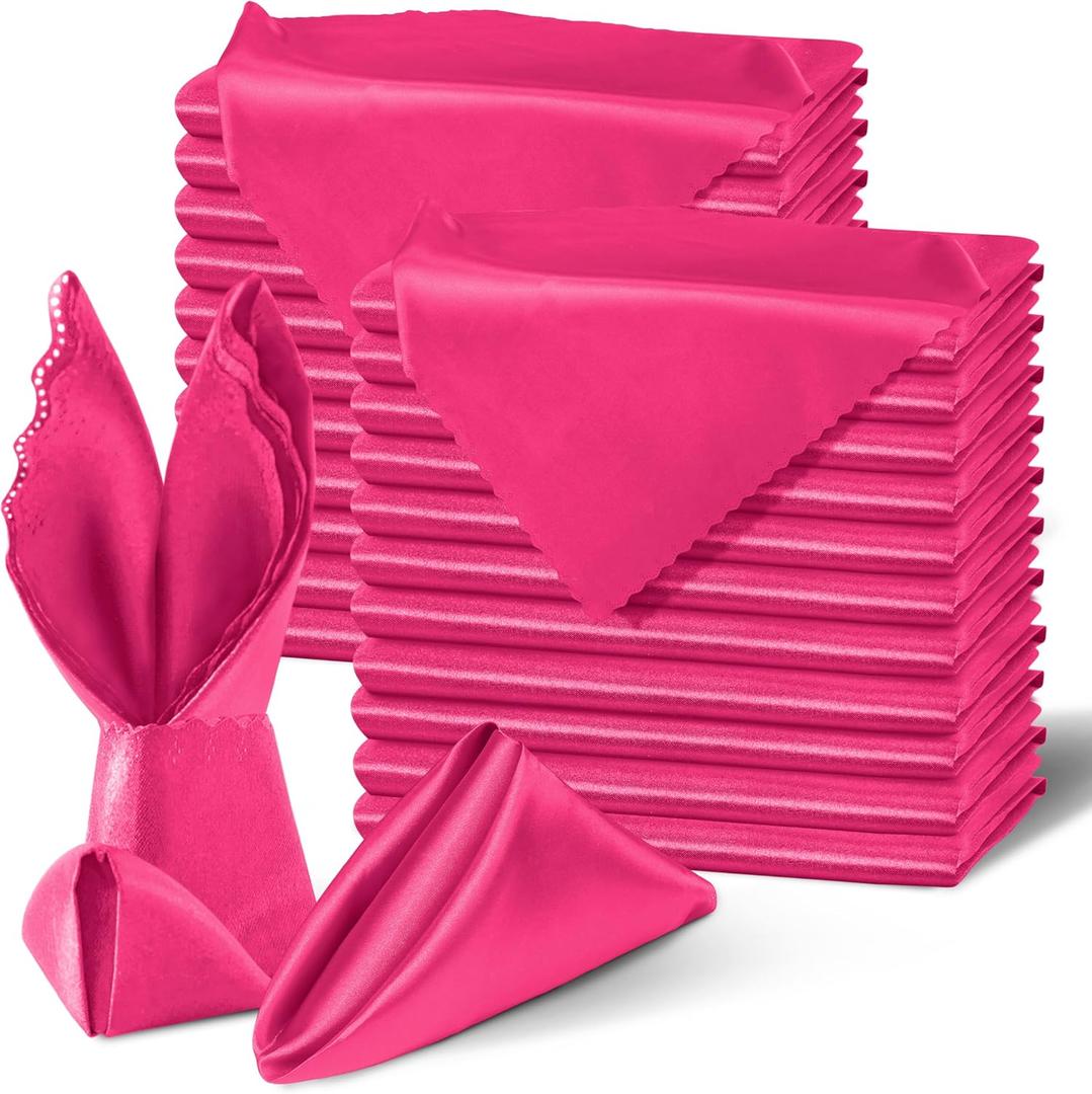 Homiest 100 Pack Hot Pink Satin Dinner Napkins - 20x20 Inches, Scalloped Square Elegant Wedding Napkins for Restaurant Banquet Graduation Party