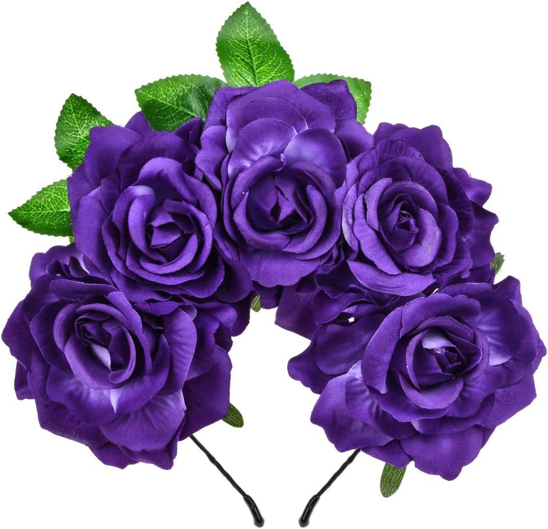 June Bloomy Day of the Dead Headpiece Halloween Costume Headpiece Mexican Floral Crown Rose Headband (Leaf Purple)