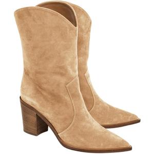 Coutgo Womens Cowboy Mid Calf Boots Chunky Block Heel Pointed Toe Suede Western Cowgirl Boots (8, Khaki)