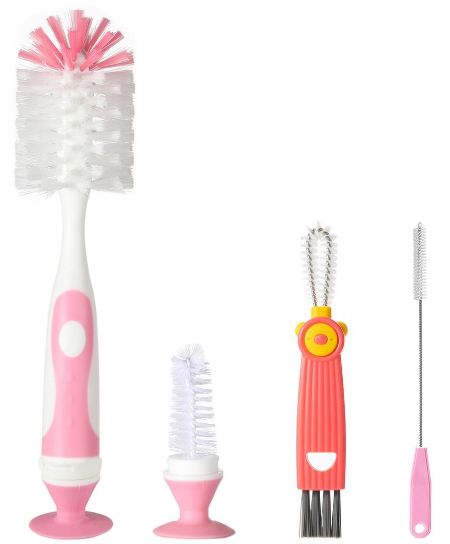 Ariseno 4in1 Baby Bottle Brush Set, Including Nylon Bottle Brush, Cap, Straw, Nipple Brushes, BPAFree (Pink)
