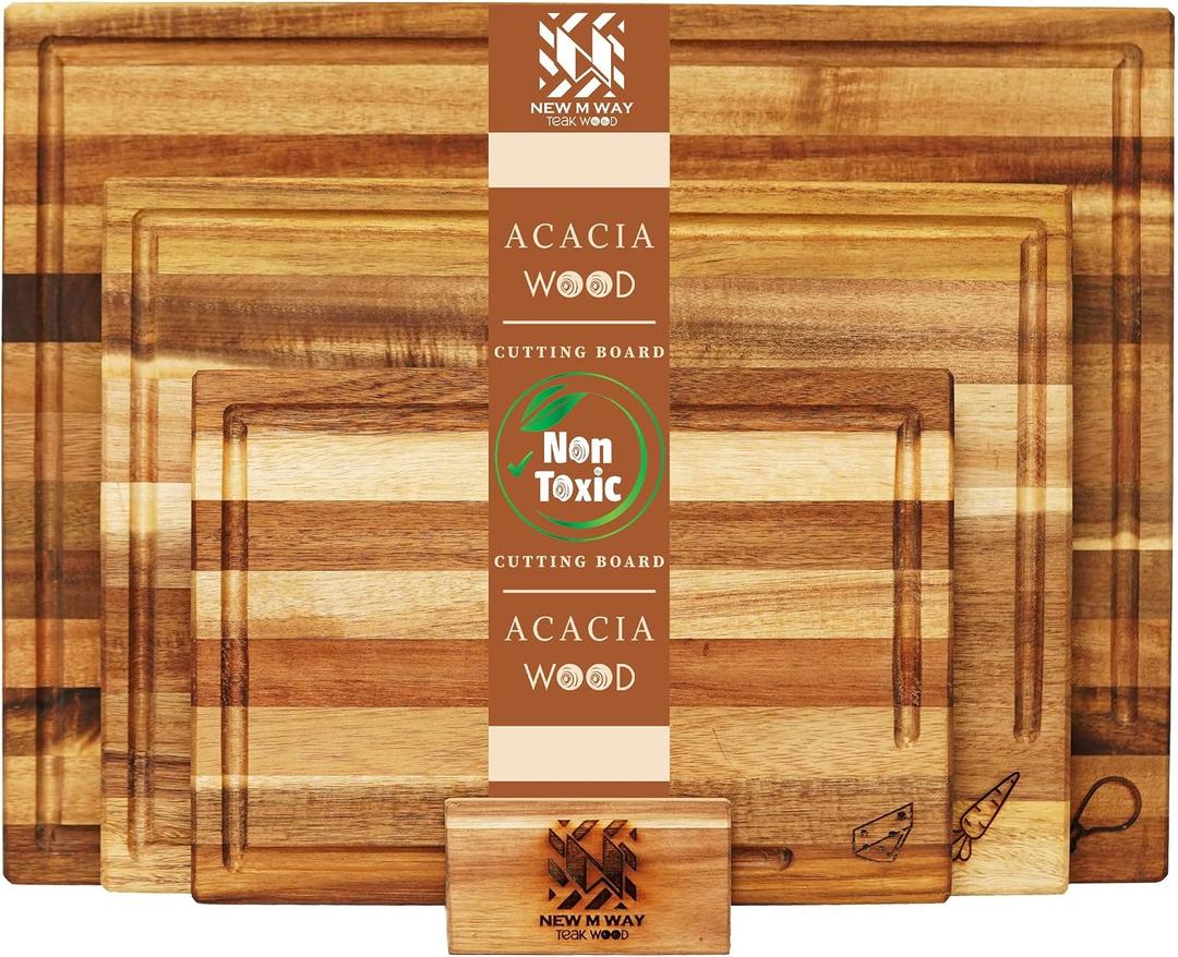 Acacia Wood Cutting Board Set of 3 with Stand, Thick Butcher Block Boards w/Deep Juice Grooves for Meat Prep & Serving, Premium Solid Hardwood, Non-Toxic, BPA-Free by New M Way