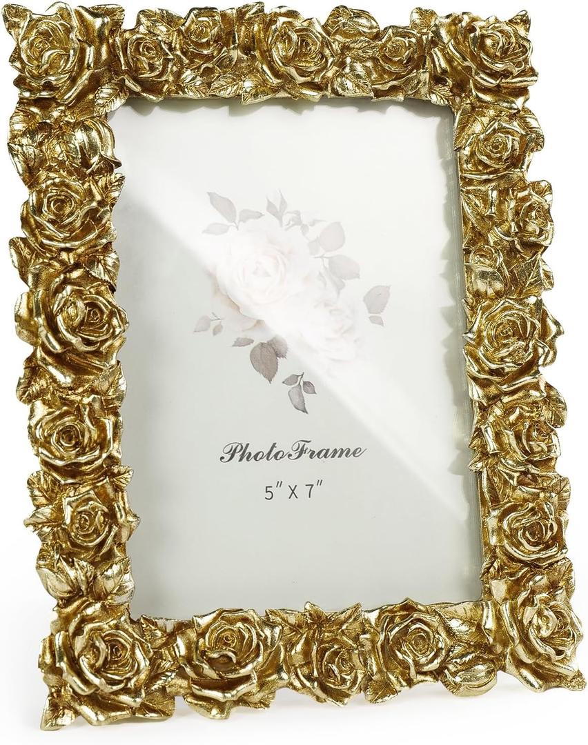 Cuspin 5x7 Picture Frame Vintage Gold Frames, Gold Ornate Rose Flower Resin Photo Frame with Glass Front for Wall Hanging or Tabletop Display, Elegant Home Decor