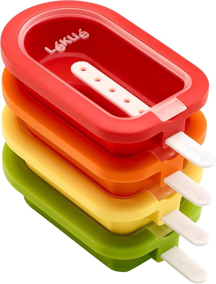 Lku Set of 4 Stackable Popsicle Molds + Sticks & Lids | Homemade Freezer Ice Pops & Frozen Snacks | Flexible Platinum Silicone for Easy Fill & Unmold | Reusable & Dishwasher Safe| Multicolor