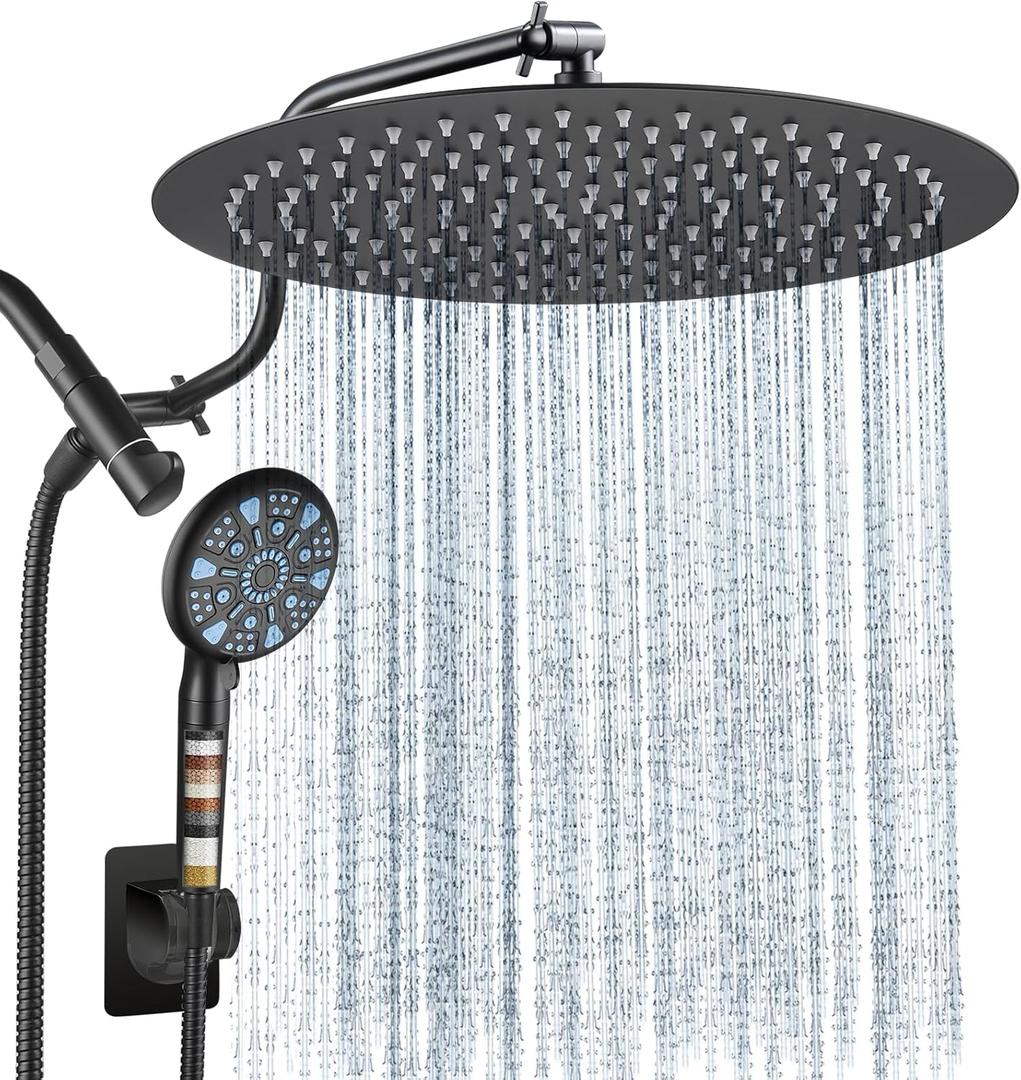 Cobbe 12 Inch All Metal Rain Shower Head, Dual Shower Heads with Handheld Spray Combo - Upgrade Extension Arm Height Adjustable - 9 Spray Filtered Shower Head, Black