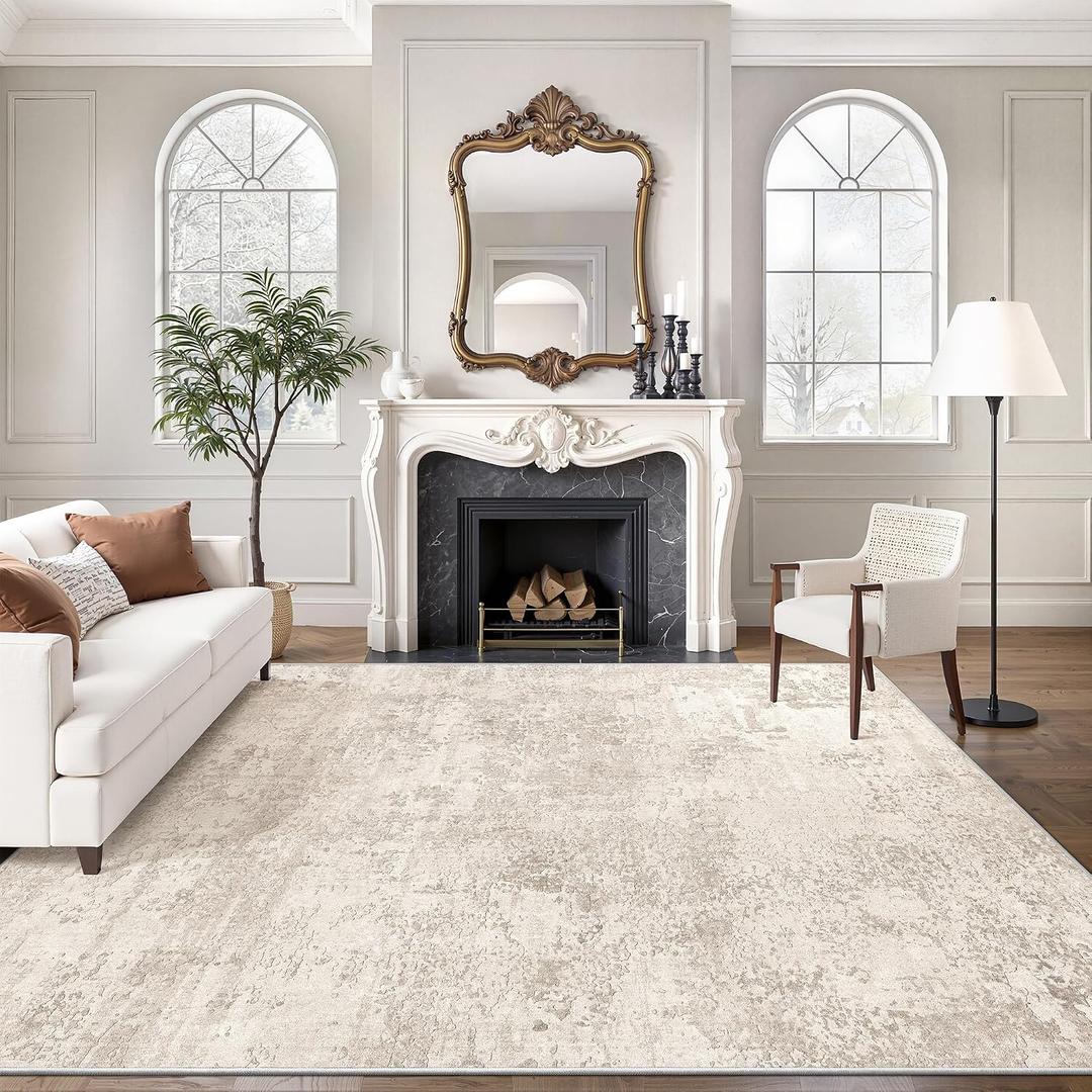 Art&Tuft Washable Rugs 8x10, Area Rugs for Living Room - Non Slip and Low Pile Soft Thin Abstract 8x10 Rug for Bedroom, Dining Room, Kitchen, Office, Beige
