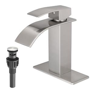 Waterfall Bathroom Faucets Brushed Nickel Modern Single Handle Sink Faucet for 1 or 3 Holes with Deck Plate and Pop-Up Drain, Rv Sink Camper Farmhouse Faucet