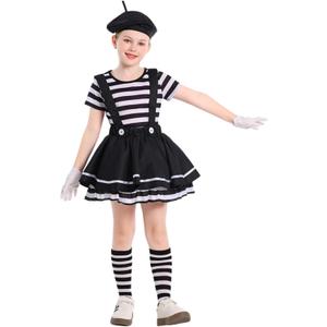 Colorful House Girls' Mime Costumes Black and White Clown Pantomime Suspender Dress Role playing 4Pcs (L, 10-12Y)