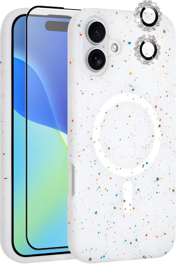 MZELQ for iPhone 16 Case, Compatible with MagSafe, Shower Grey, Shockproof, Drop Proof, Ultra-Slim, Diamond Camera Protector, Screen Protector, Silicone Designed for iPhone 16 Case