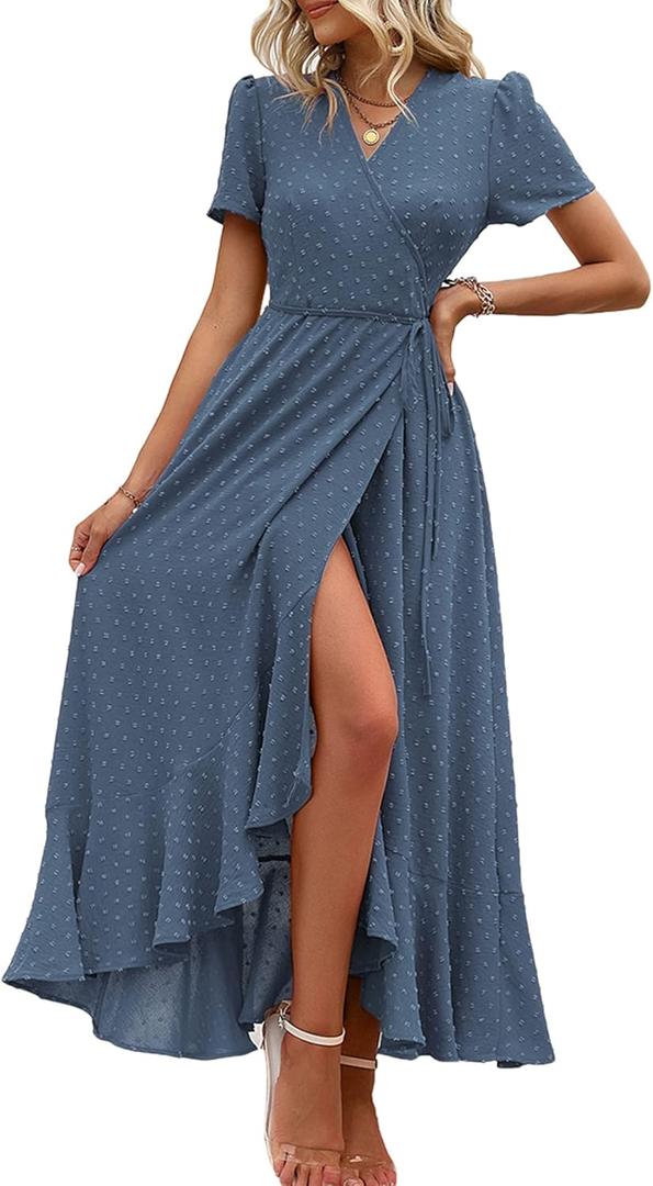 PRETTYGARDEN Women's Summer Maxi Dress Casual Wrap Floral Boho Short Sleeve V Neck Split Ruffle Beach Long Dresses (Large, Z_blue)