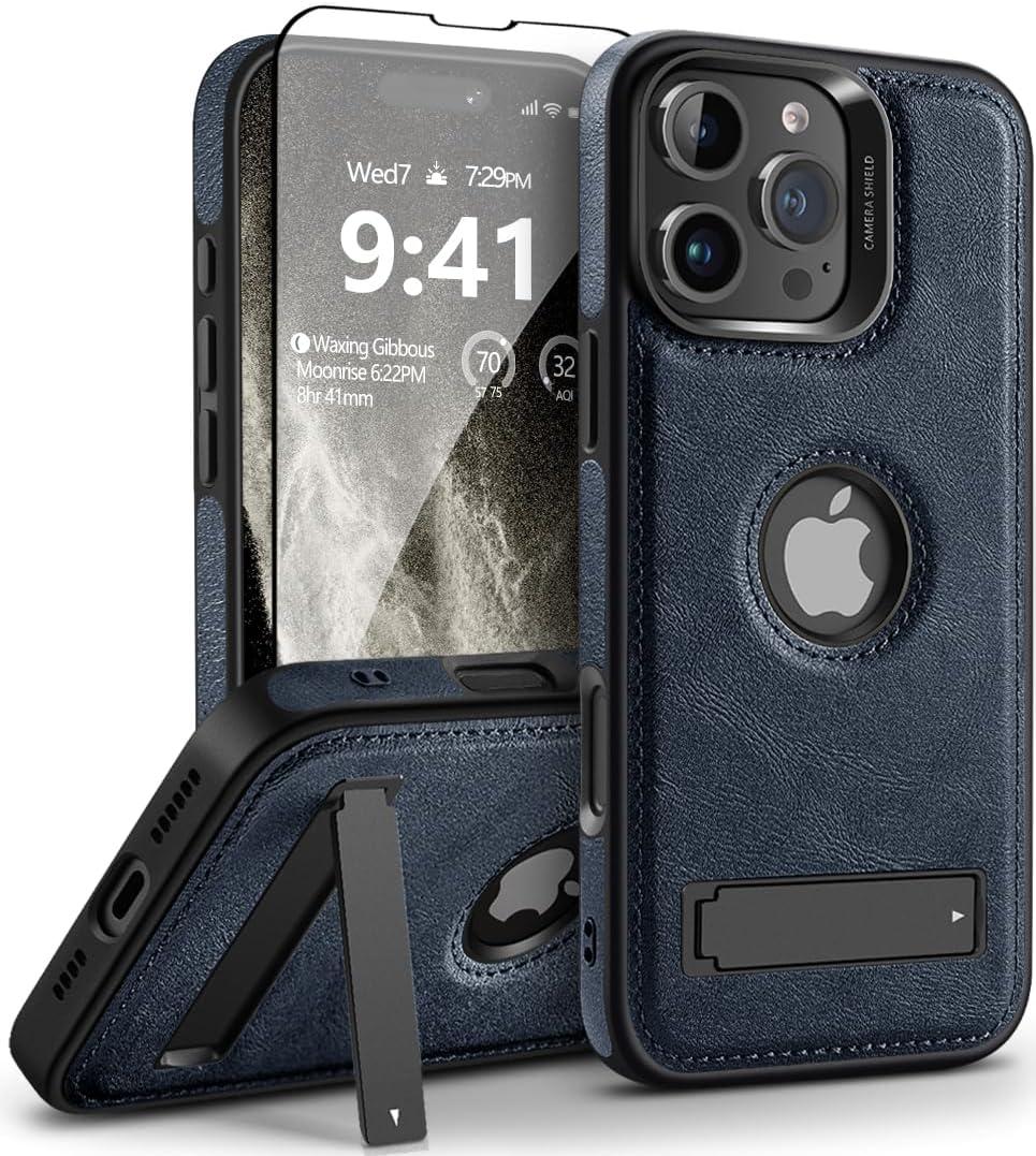 for iPhone 16 Pro Case Leather,[Compatible with MagSafe], Slim Adjustable Kickstand，Strong Magnetic Phone Case for iPhone 16 Pro (2024) 6.3" (Blue)