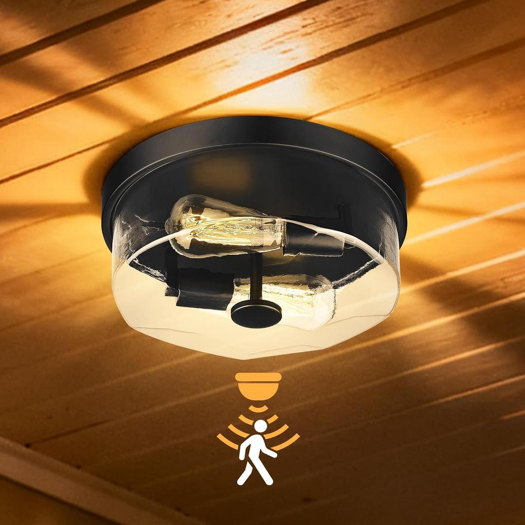 Motion Sensor Ceiling Light Indoor, 2-Light Flush Mount Hallway Lighting Fixtures, Black Modern Farmhouse Ceiling Lamp with Clear Glass for Kitchen Porch Entryway Bedroom Living Room