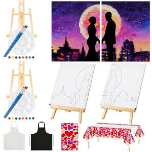 Yeaqee 13 Pcs Valentines Sip and Paint Kit for Couples Date Night Painting Kit Supplies Canvas Art Painting Set Pre Drawn Blank Stretch Canvas for Couple Adults Party(Moonlit Couple,8x10)