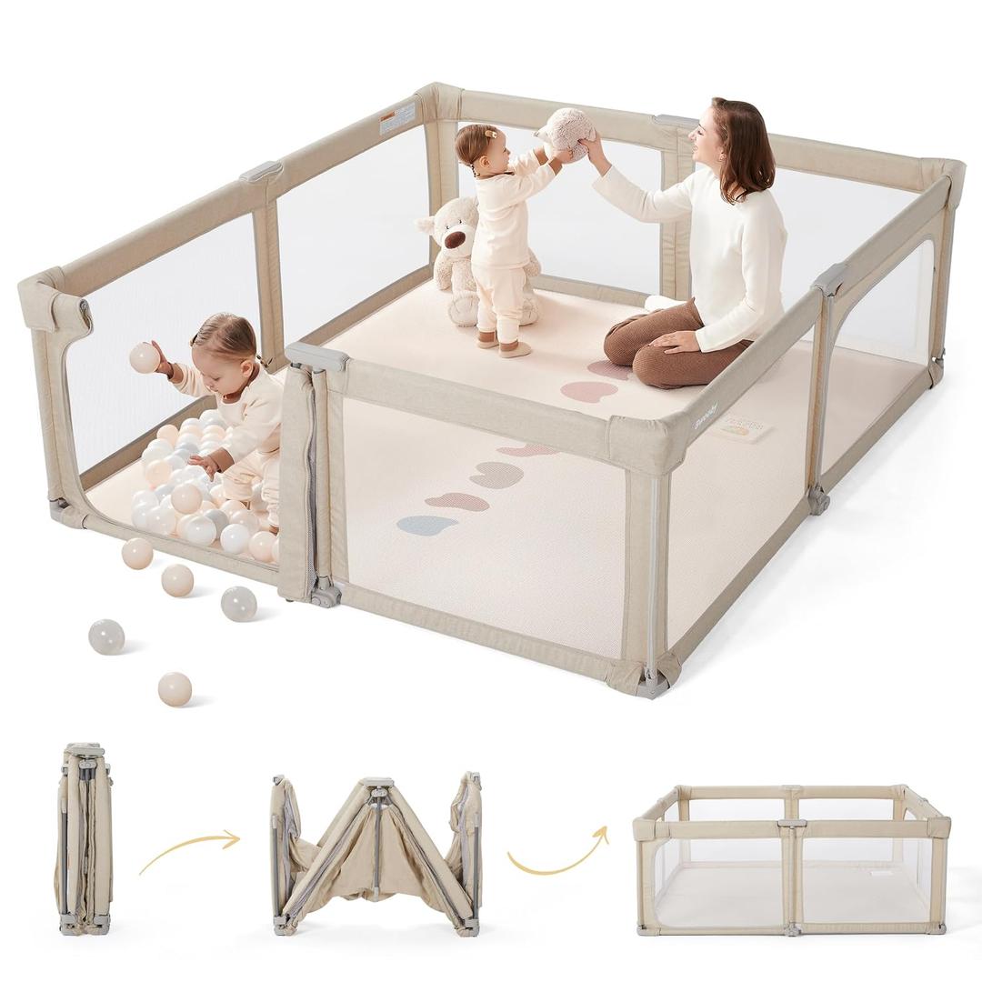 Sweeby Baby Playpen, 59x59 Inch Baby Gate Playpens for Babies and Toddlers, Extra Large Playpen with Door Play Yard for Fence Indoor and Outdoor Play Pen, Oat Khaki