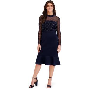 London Times Women's Dresses Midi Dress - Sheer Mesh Long Sleeves Sequin Embellished Yoke - Fitted Skirt with Flounce Hem - Elegant Cocktail Dresses, Navy, 14