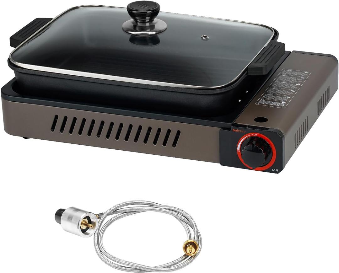 Portable Propane Gas Stove with Grill Pan and Lid, Butane Camping Stove Instant Ignition for Patio Backyard Home Cooking Camping RV Tailgating Emergency Use, GS349