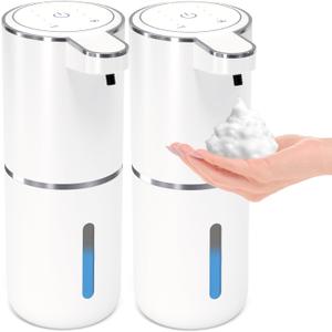 2 Pack Automatic Foaming Soap Dispenser, Touchless Foam Soap Dispenser,12.8oz Rechargeable Wall Mounted Smart for Bathroom and Kitchen Dish Soap, Easy for Toddlers (White)