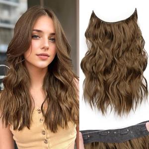 KooKaStyle Invisible Wire Hair Extensions with Transparent Wire Headband Adjustable Size 4 Secure Clips Long Wavy Synthetic Hairpiece 16 Inch COCOA# for Women