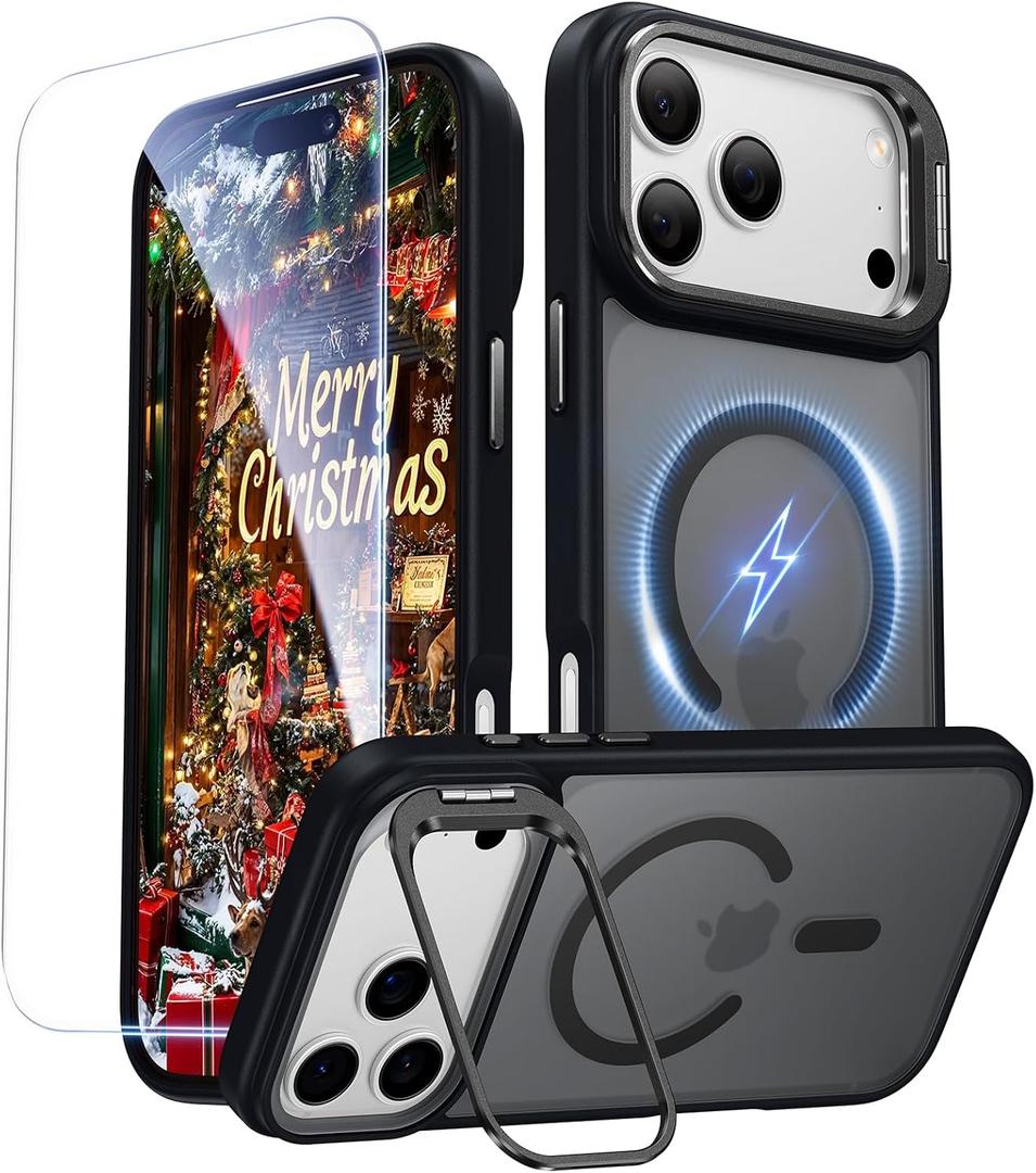 for iPhone 17 Pro Case with Stash Lens Stand and 9H Screen Protector, Compatible with MagSafe, Military-Grade Drop Protection Magnetic Phone Case for iPhone 17 Pro, 360 Full Protection, Black