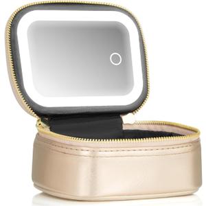 Mini Makeup Bag with Led Mirror, Small Travel Make up Bag 3 Light Modes Adjustable Brightness, for Women Organizer Cosmetic Bag, Portable Travel Train Toiletry Bag, for Pool Parties Work Touch-Ups (Gold)