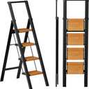SOLADDER Step Ladder 4 Step Folding Stool with Anti-Slip Widened Sturdy Pedal and Handgrip, Portable Lightweight Aluminum Ladder for Home,Kitchen,300 lbs Capacity-Black+Woodgrain