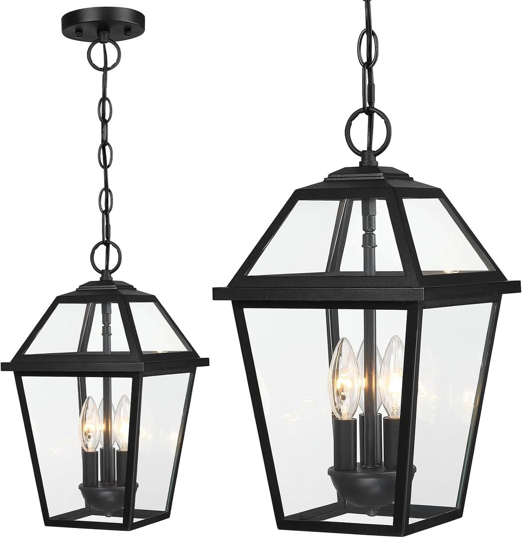 Modern 3-Light Large Outdoor Pendant Light for Porch, 16" Matte Black Exterior Hanging Light Fixture, IP65 Waterproof Anti-Rust Outdoor Chandelier Lantern for Front Door, Balcony, Sloped Ceiling