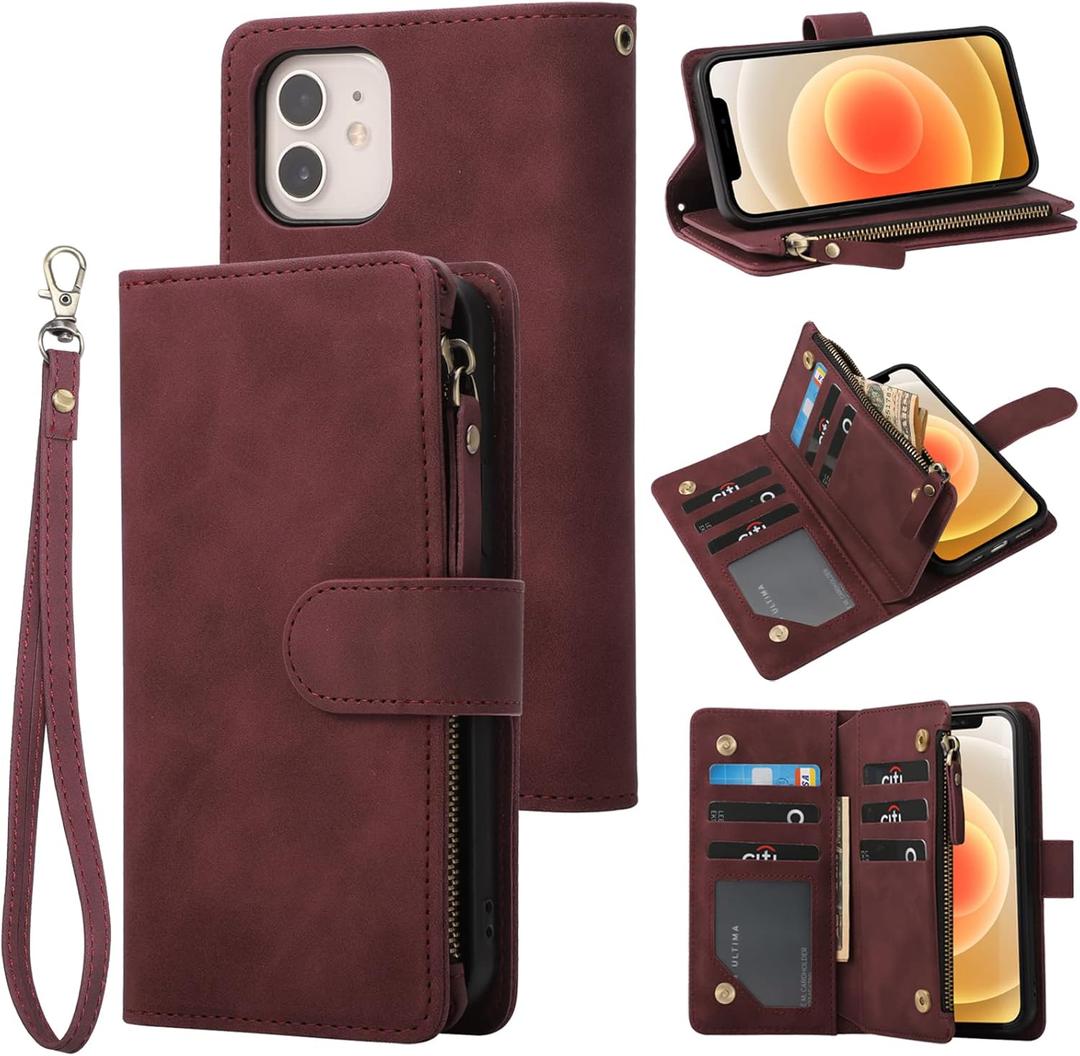 RANYOK Wallet Case Compatible with iPhone 12/12 Pro (6.1 inch), Premium PU Leather Zipper Flip Wallet RFID Blocking with Wrist Strap Magnetic Closure Built-in Kickstand Protective Case - Wine Red