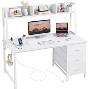 DLisiting White Computer Desk with Hutch & Drawers - Office Desk with 3 Storage Drawers and Power Outlets, 47 Inch Modern Study Writing Desk for Bedroom Home Office