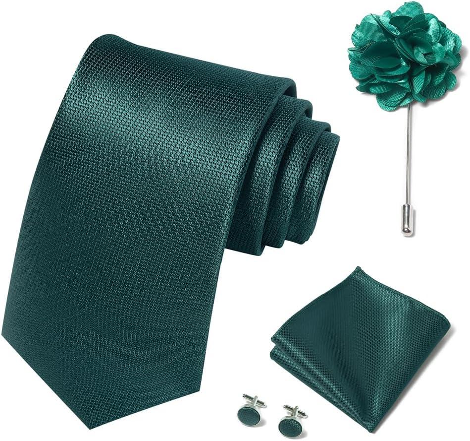 2 x Solid Color Ties Set Men Handkerchief Cufflinks Brooch 3.15 inches Classic Formal Necktie Pocket Square Set (Green)