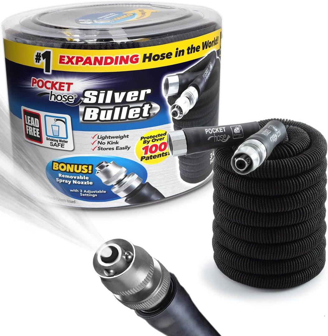 Pocket Hose Silver Bullet 50 ft Turbo Shot Nozzle Multiple Spray Patterns Expandable Garden Hose 3/4 in Solid Aluminum Fittings Lead-Free Lightweight and No-Kink