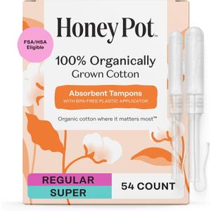 The Honey Pot Company - Multipack -100% Organic Cotton Core Tampons w/Bio Plastic Applicator - Regular & Super Absorbency - Unscented - Feminine Care - 54 Count (3 Packs of 18)