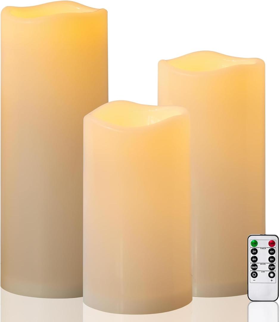 10" 12" 14" x 5" Extra Large Waterproof Outdoor Flameless Candles Battery Operated LED Pillar Candles for Indoor Outdoor Lanterns, Off White, Long Lasting, Set of 3