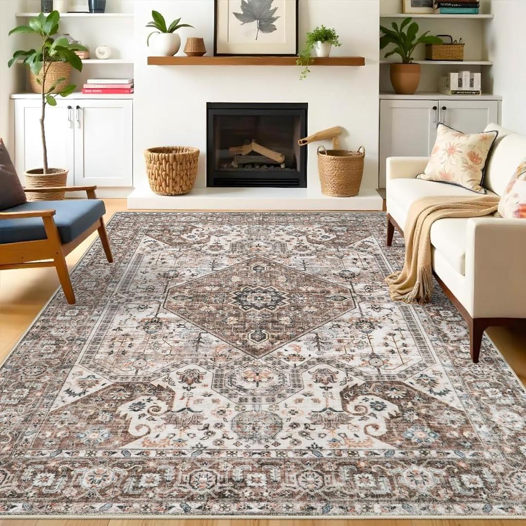 Washable 8x10 Large Area Rug: Oriental Stain Resistant Rugs for Living Room Medallion Non-Slip Carpet for Dining Room Soft Distresses Floor Mat for Bedroom Home Office 8x10 Brown (8' x 10')
