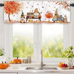 Finphoon Fall Kitchen Valances for Windows, Gnome Pumpkin Leaves Window Valances 54x18, Autumn Thanksgiving Farmhouse Rod Pocket Valance Curtains for Living Room Bedroom