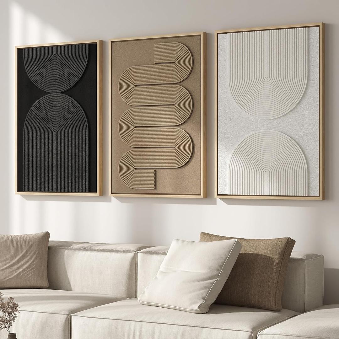 Large 3D Textured Framed Boho Neutral Abstract Wall Art for Living Room, 3 Piece Modern Paintings Artwork for Walls, Black White Brown Minimalist Geometric Pictures for Hallway Office Wall Decor 24x36 In (Monochrome)