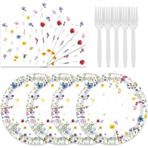 48Pcs Wildflower Party Decorations Summer Floral Paper Plates and Napkins Party Supplies for Birthday Decor Wildflower Baby Shower Decorations