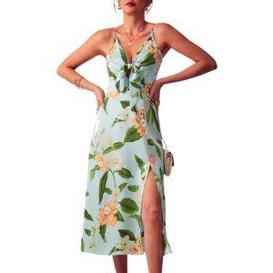 Fashionme Women Spaghetti Strap Midi Satin Dresses Tie Front Backless Split Hollow Dress (Small, Green Blue)