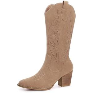 SHIBEVER Cowboy Boots for Women 2025: Mid Calf Cowgirl Boots Western Embroidered Country High Heel Pointed Toe Booties, Size 37