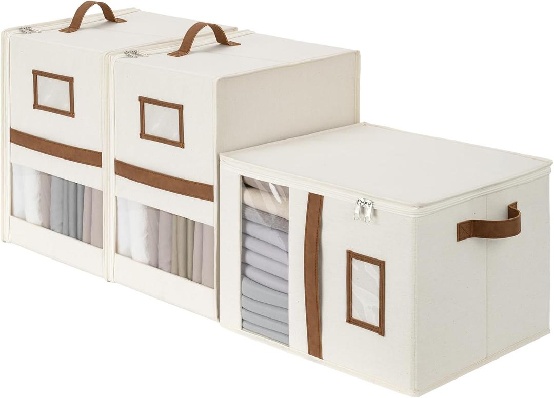 StorageWorks 3-Pack Bed Sheet Organizers and Storage, Foldable Bedsheet Holder for Linen Closet, Bedding Container with Handle, Beige, 15" D x 12"W x 10" H