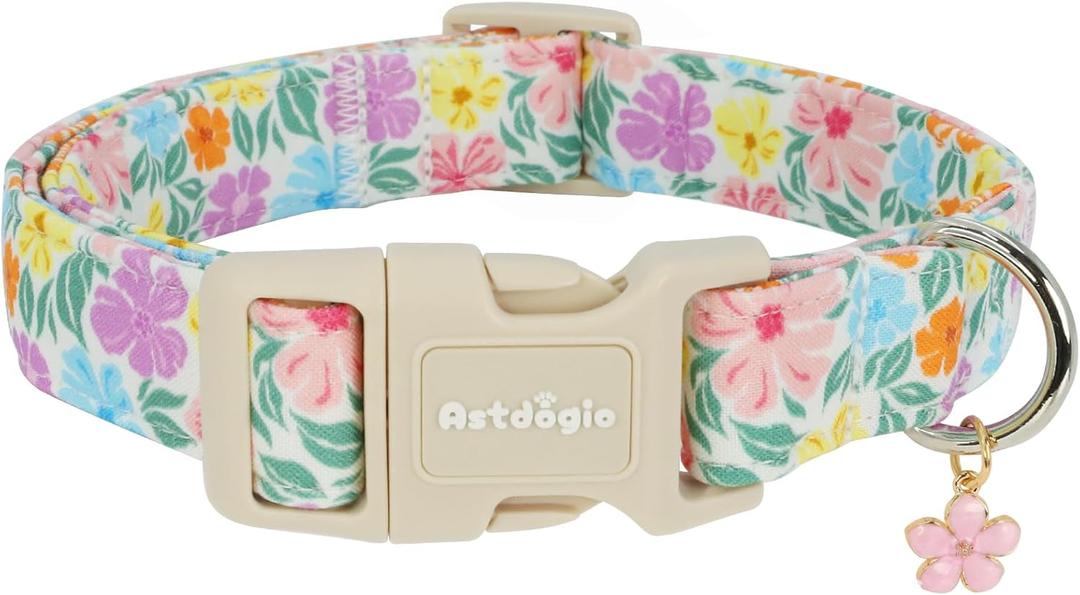 Cotton Dog Collar with Colorful Flowers for Spring Summer, Adjustable Puppy Dog Collars for Small Medium Large Dogs, Cute Girl Boy Dog Collar Ideal for Gifts,Pet Accessory,M