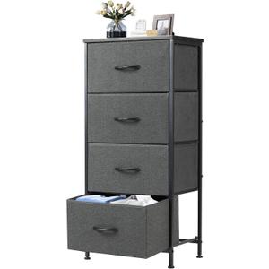 DUMOS Nightstand with 4 Drawers Bedside Table with Removable Fabric Bins Sturdy Steel Frame Wood Top Organizer Furniture for Bedroom Closet Living Room, 11.8"D x 17.7"W x 37.4"H