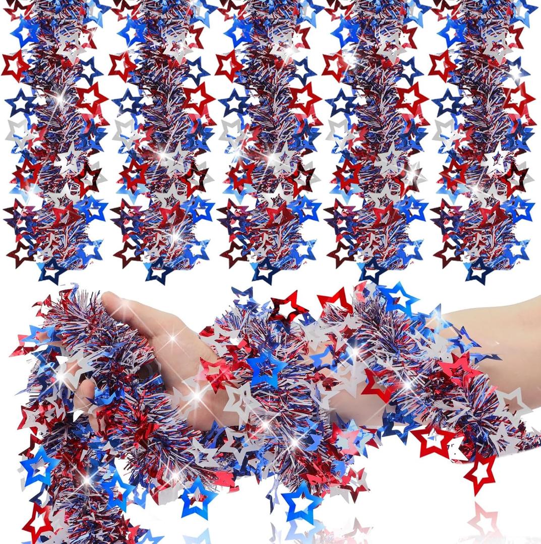 Crowye 2 Pcs 80 Feet Happy Labor Day Garland Decoration 4th of July Patriotic Veterans Day Tinsel Red White Blue Hollow Star Metallic Tinsel Twist Garland for Tree Parade Golf Cart Hanging Decor
