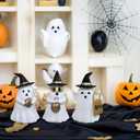Resin Small White Ghost Figurines, 3PCS Ghosts with Witch Hats, Cute Ghost Statue for Spooky Halloween Decor, for Indoor Halloween Party Tabletop Home Shelf Decoration (Set of 3, White, Black and Gold)