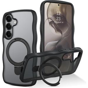 BENTOBEN for Samsung Galaxy S25 Case with Ring Stand, Cute Curly Wave Frame Galaxy S24/S25 Phone Case Compatible with MagSafe, Translucent Matte Shockproof Kickstand Cover for S24/S25 6.2", Black
