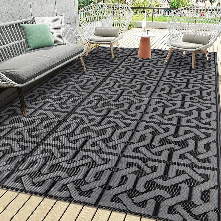 SAND MINE Reversible Mats, Plastic Straw Rug, Modern Area Rug, Large Floor Mat Rug for Outdoors, RV, Patio, Backyard, Deck, Picnic, Beach, Trailer, Camping (9' x 12', Black & Grey)